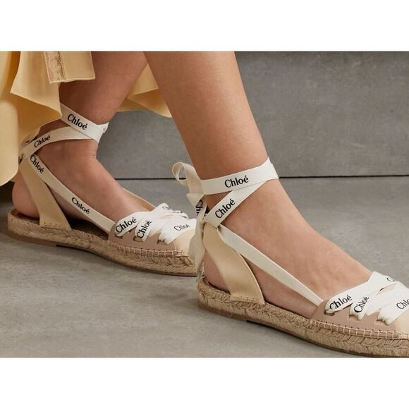 Chloe Beige/White Leather Canvas Espadrille Ankle Wrap Ingrid Flats sz 37/6.5 - Picture 2 of 13